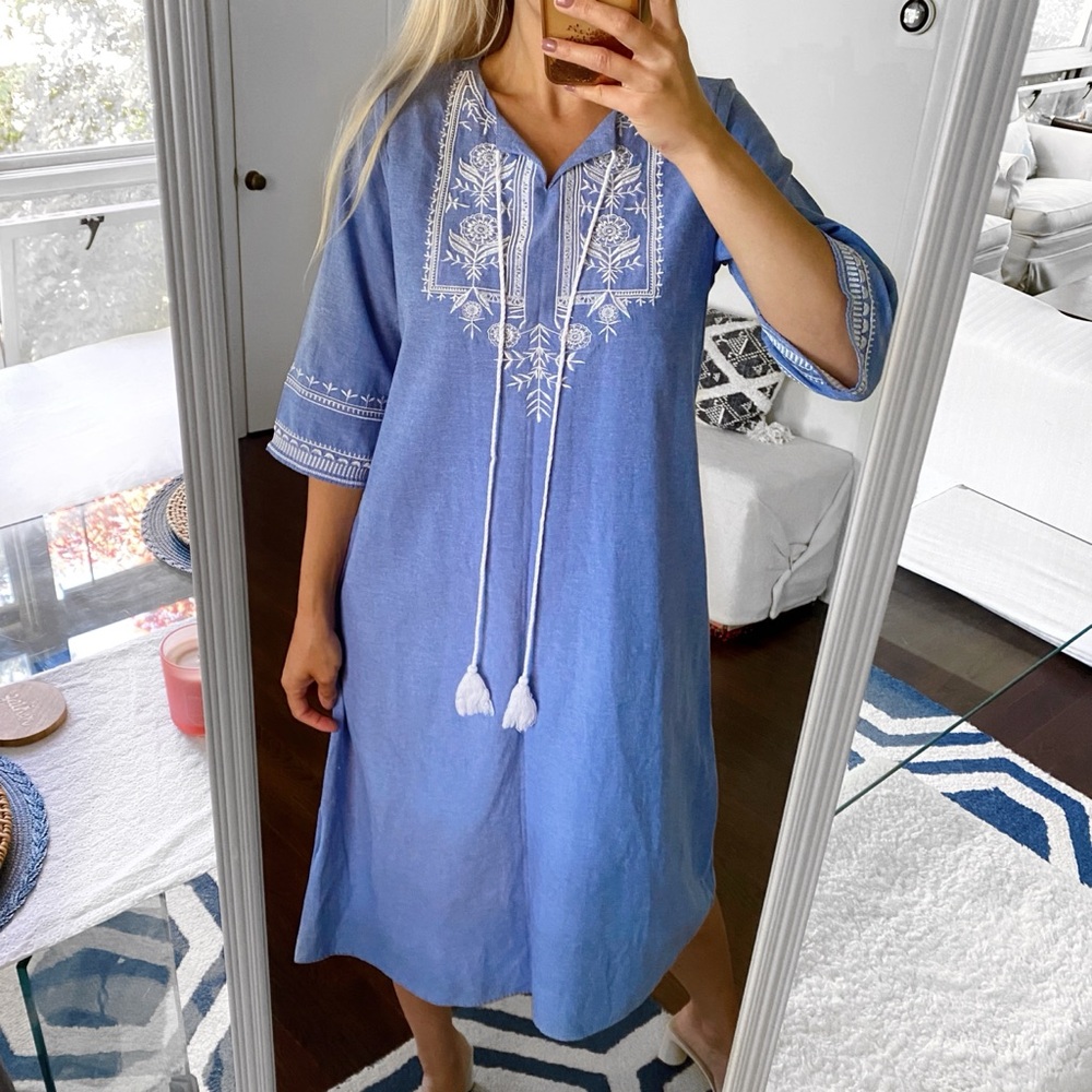 🐚 BOHO BLUE WHITE EMBROIDERED TASSEL MIDI KAFTAN!